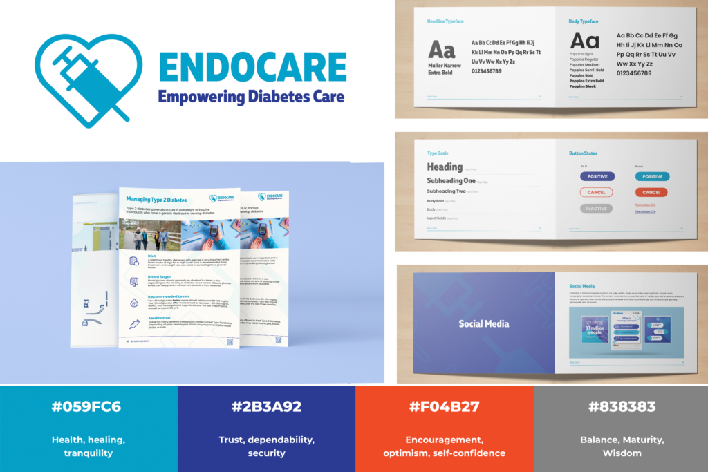 Composite graphic showing new EndMD logo, style guide, documents, and colors.