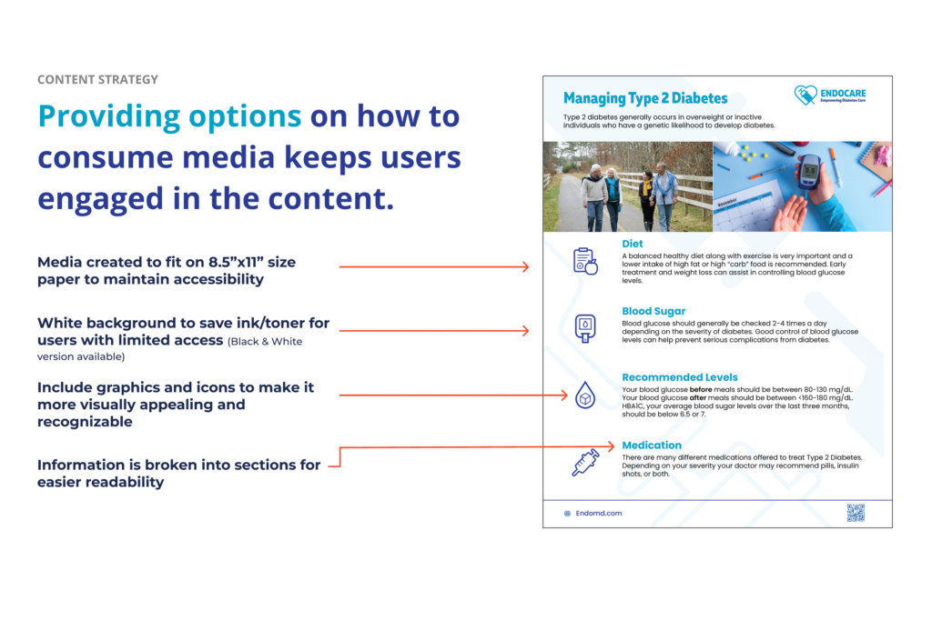 Screenshot of a slide explaining how the content strategy provided options on how to consume media to keep them engaged.